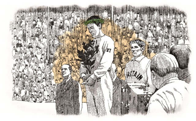 1936년 베를린 올림픽 마라톤 시상식 사진에서의 손기정 선수 펜일러스트. 손기정기념재단/국가보훈부 제공