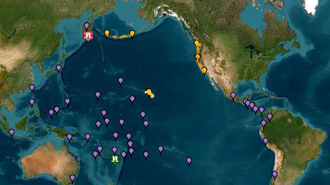 쓰나미 경고 지도 [출처 : 미국태평양쓰나미경보센터]