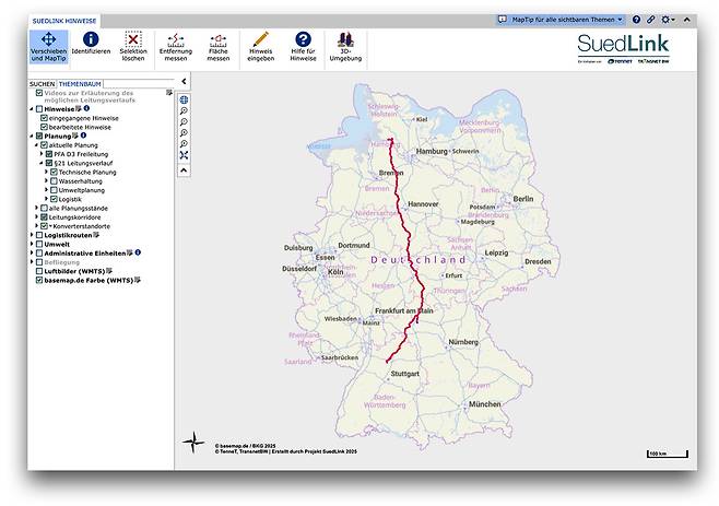 쥐트링크 지리정보 시스템(SuedLink WebGIS)에 접속하면 사업 노선은 물론 생태환경 관련 정보도 확인할 수 있다. 사업 시행과 관련해 지방자치단체 등이 제출한 모든 정보를 공유하고 일반 시민이 직접 의견을 개진할 수도 있다.