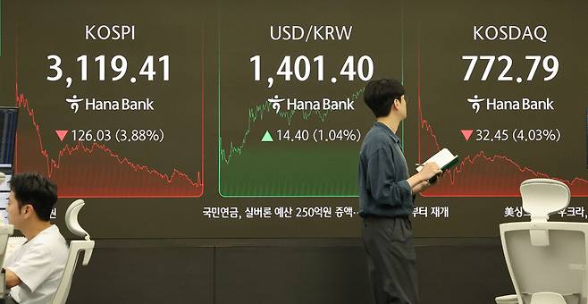 1일 서울 중구 하나은행 본점 딜링룸에서 직원들이 업무를 보고 있다. 이날 코스피는 전장보다 126.03포인트(3.88%) 내린 3119.41에 장을 마쳤다. 연합뉴스