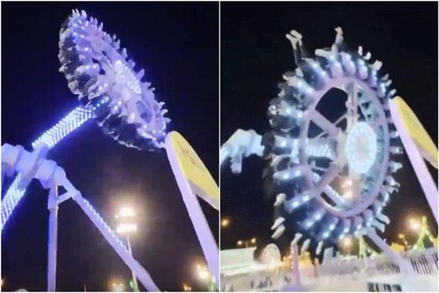지난달 30일 사우디아라비아 타이프 지역의 한 놀이공원에서 '360도 회전' 어트랙션이 운행 도중 두 동강이 나며 관람객 탑승 부분이 수 미터 높이에서 추락했다. 왼쪽 사진은 원형 회전부가 반대편 구조물에 부딪히는 순간 회전축이 부러지는 장면이며, 오른쪽은 관람객을 태운 회전부가 지상으로 떨어지는 모습이다. 사회관계망서비스(SNS) 엑스(X)·스트레이트타임스 홈페이지 캡처