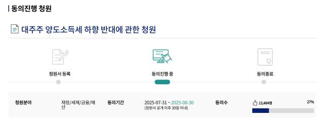 국회 국민동의 청원 게시판에 등록된 ‘대주주 양도소득세 하향 반대’에 관한 청원. 사진=국회 전자청원 홈페이지