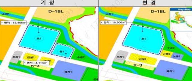 경기 성남낙생공공주택지구 A-1블록 토지이용계획 변경 전 도면(왼쪽)과 변경 후 도면. 단설 유치원 건립 취소 후, 초등학교 부지(가장 큰 하늘색 부지)가 커지고 요양원 부지가 새로 생겼다. 초등학교에는 병설 유치원이 건립될 예정이다. LH 제공