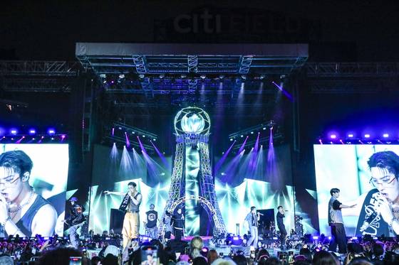 Boy band Ateez performs during a concert in New York City as part of its world tour ″Towards the Light: Will to Power″ at Citi Field stadium on Aug. 3, 2024. [KQ ENTERTAINMENT]