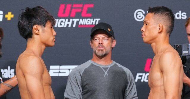 박현성(오른쪽)과 다이라(왼쪽)가 계체 후 페이스오프 하고 있다. /UFC 제공