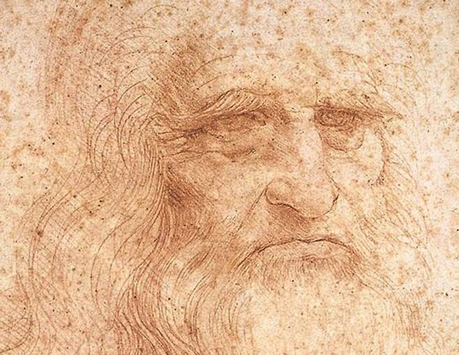 레오나르도 다 빈치, 자화상(추정·일부 확대), 1512년경, 종이에 붉은 분필 등, 33.3x21.3cm, 토리노 왕립 도서관