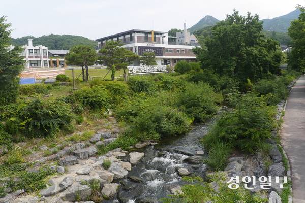안양박물관 입구로 건너가는 교량 위에서 바라본 안양박물관 본관(오른쪽)과 김중업건축박물관. 시원한 계곡물과 어우러진 박물관의 모습이 눈길을 사로잡는다. 2025.7.31 안양/박상일기자 metro@kyeongin.com