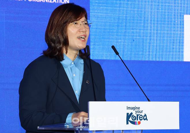 장미란 문화체육관광부 제2차관이 29일 오전 서울 강남구 SJ쿤스트할레에서 열린 2025 한국 관광 명예홍보대사 위촉식에서 인사말을 하고 있다. (사진=방인권 기자)