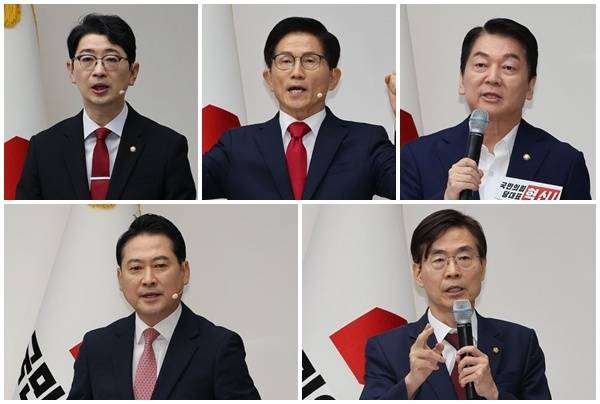 (기호 순·왼쪽 상단부터 시계 방향으로) 주진주·김문수·안철수·조경태·장동혁 국민의힘 당대표 후보. [연합뉴스]