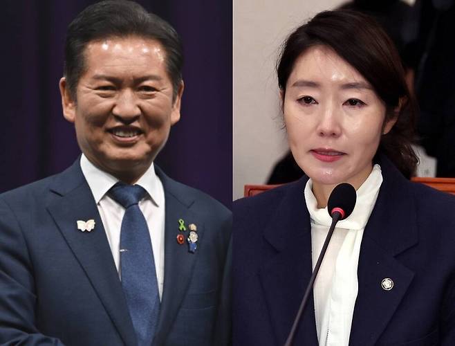 더불어민주당 정청래(왼쪽) 당대표가 지난달 29일 오후 MBC에서 열린 TV토론회에 참석해 기념촬영을 하고 있다. 강선우 전 여가부 장관 후보자가 지난달 14일 열린 국회 인사청문회에서 의원 질의에 답하고 있다. 국회사진기자단, 윤운식 선임기자 yws@hani.co.kr