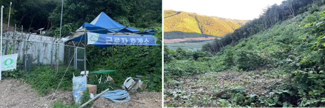 지난달 24일 이주노동자가 작업 중 쓰러져 숨진 경북 포항시 한 야산의 제초 현장. 근로자 휴게소(왼쪽)라고 적힌 그늘막이 허술하게 설치되어 있지만 제 역할을 하지 못했다. 잡초가 무성한 야외에서 일했던 이주노동자 체온은 39.6도까지 올랐다. 민주노총 금속노조 제공