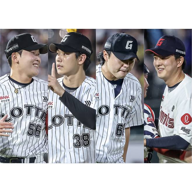 롯데 자이언츠 필승조. 왼쪽부터 최준용, 홍민기, 정철원, 김원중. 사진=롯데 자이언츠, IS포토