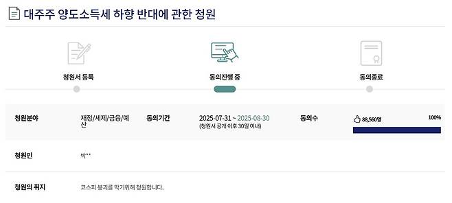 국회 전자청원에 올라온 ‘대주주 양도소득세 하향 반대 국민청원’. 국회 전자청원 홈페이지 캡처&nbsp;