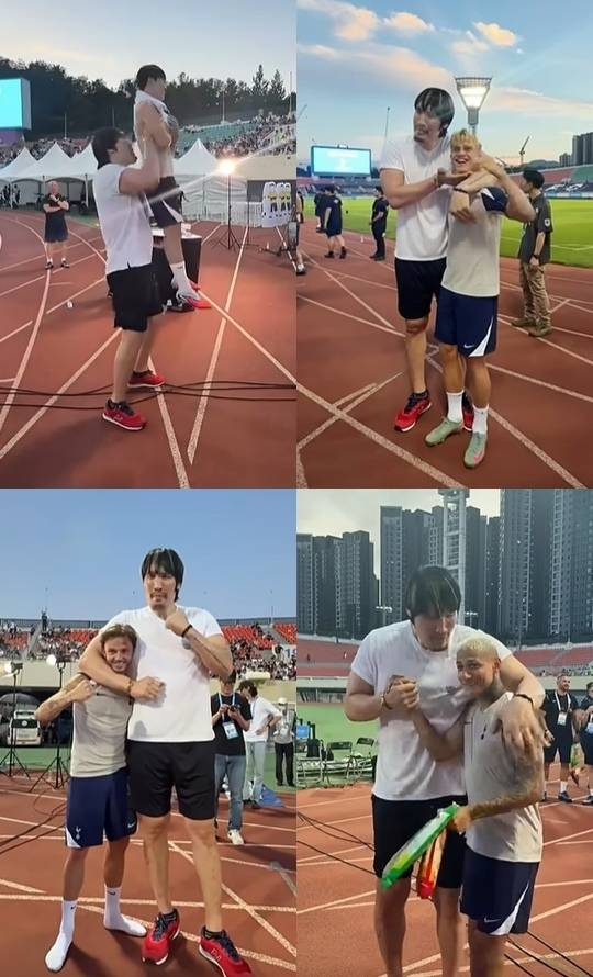 격투기 선수 최홍만(왼쪽)이 2일 경기 안양시 안양종합운동장에서 열린 잉글랜드 프리미어리그(PL) 토트넘 홋스퍼의 공개 훈련 현장을 찾아 양민혁(왼쪽 위부터 시계 방향으로)과 루카스 베리발, 히샬리송, 제임스 매디슨 등 선수들을 만났다. 자료 : 토트넘 홋스퍼 인스타그램