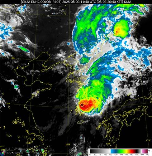 천리안위성 2A호가 촬영한 3일 오후 8시 40분 한반도 적외선 영상. [국가기상위성센터 제공. 재판매 및 DB 금지]
