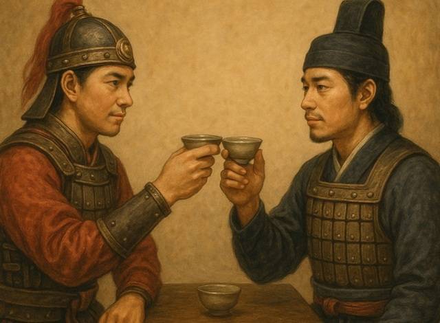 김유신과 김춘추가 서로 협력할 것을 다짐하며 건배하는 장면을 인공지능 AI가 그린 그림.