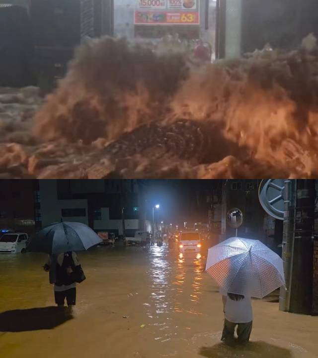 3일 오후 9시경 무안읍 일대에 내린 심한 폭우로 맨홀 뚜껑이 들려 올라가고(왼) 행인들이 침수된 도로를 걷는 등 피해가 속출하고 있다. /나광국 전남도의회 의원 SNS 갈무리