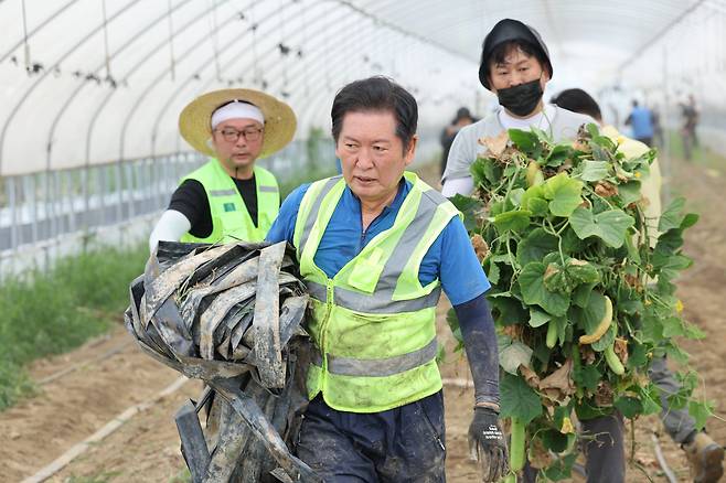 정청래 신임 더불어민주당 대표가 3일 오전 전남 나주시 노안면 오이농가를 찾아 수해 복구 작업을 하고 있다./연합뉴스