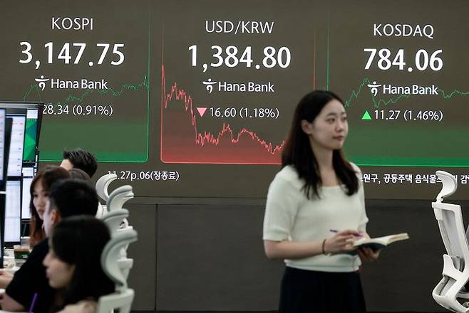 4일 서울 중구 하나은행 딜링룸에서 직원들이 업무를 보고 있다. ⓒ뉴시스