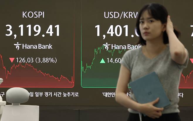 지난 1일 서울 중구 하나은행 본점 딜링룸에서 직원들이 업무를 보고 있다. 코스피는 전장보다 126.03포인트(3.88%) 내린 3119.41에 장을 마쳤다. [연합뉴스]