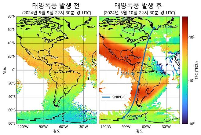 태양폭풍 발생 전과 후의 전리권 비교.[한국천문연구원 제공]