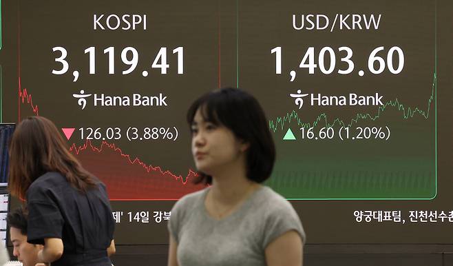 지난 1일 서울 중구 하나은행 본점 딜링룸에서 직원들이 업무를 보고 있다. 이날 코스피는 전장보다 126.03포인트(3.88%) 내린 3119.41에 장을 마쳤다. [연합]