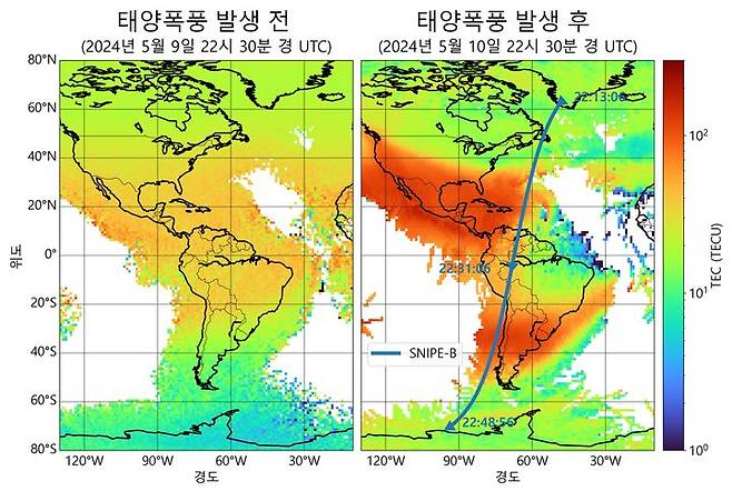 태양폭풍 발생 전과 후의 전리권 비교. GPS 위성을 이용해 추정한 전리권 밀도 분포(TEC 색상 분포)와 도요샛의 궤도(파란 세로 곡선). 태양폭풍 발생 후에 중위도(20°N와 40°S 부근) 지역에서 높은 플라즈마 밀도가 관측됐다. (사진=천문연 제공) *재판매 및 DB 금지