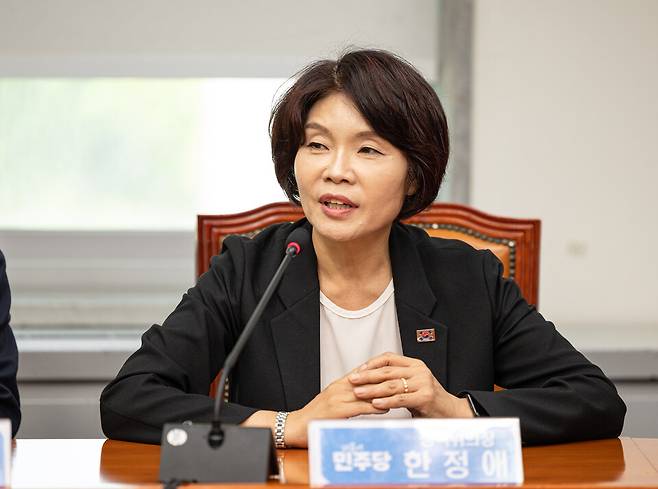 한정애 더불어민주당 신임 정책위의장이 4일 서울 여의도 국회에서 열린 최고위원회의에서 발언하고 있다. ⓒ더불어민주당 제공