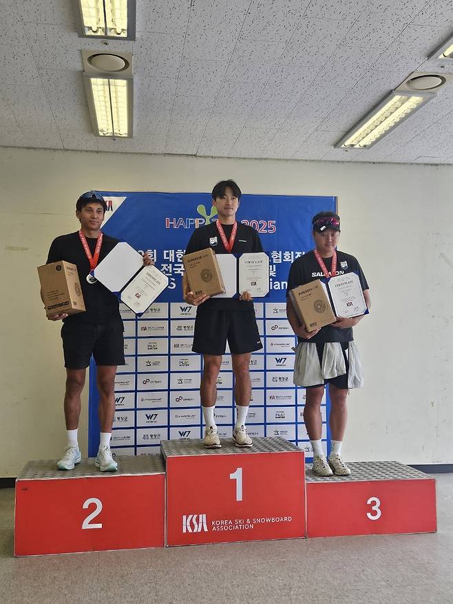 우승 이건용(가운데), 3위 변지영(오른쪽) [대한스키·스노보드협회 제공. 재판매 및 DB 금지]