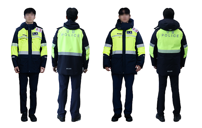 경찰 ‘형광 롱점퍼’ 시제품. A안은 네이비 바탕에 ‘경찰 POLICE’ 글씨를 인쇄함. B안은 빗금형 반사띠를 적용함. [경찰청]
