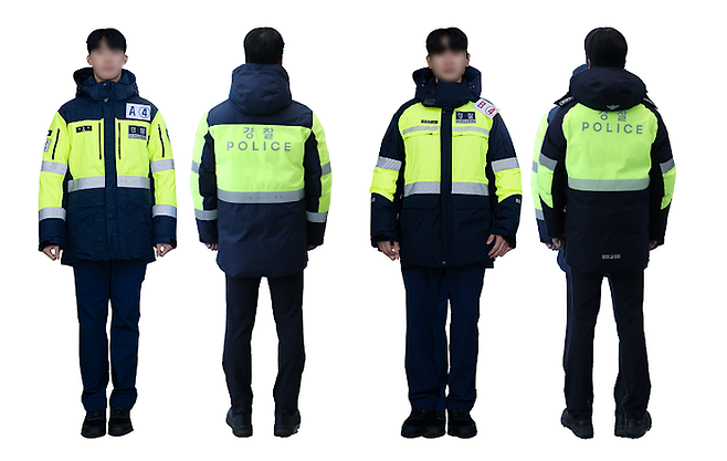 경찰 ‘형광 파카’ 시제품. A안은 네이비 바탕에 ‘경찰 POLICE’ 글씨를 인쇄함. B안은  후드에 입막음 구조를 적용해 보온성 강화. [경찰청]
