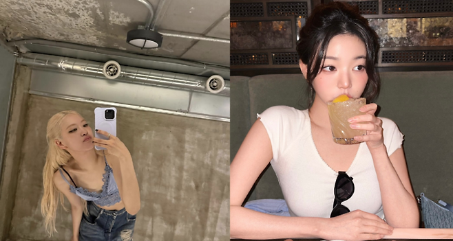 최근 블랙핑크 로제(왼쪽), 아이브 장원영(오른쪽) 등 유명 연예인이 착용한 레이스 캐미솔 탑, 베이비 티셔츠 등의 패션이 주목을 받고 있다. [사진 = 로제, 장원영 인스타그랩 캡처]