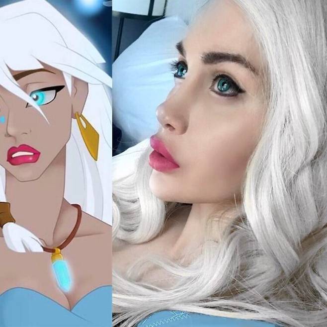 픽시 폭스(35)는 디즈니 캐릭터 아틀란티스의 공주 키다(왼쪽) 등 만화 캐릭터를 닮기 위해 15차례나 성형을 감행했다. [사진=인스타그램 'pixeefox']