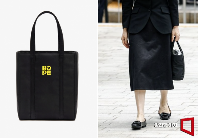 6일 특검에 출석한 김건희 여사(오른쪽)와 김 여사가 들고 있는 국내 패션 브랜드 빌리언템의 검은색 토트백. 빌리언템 홈페이지