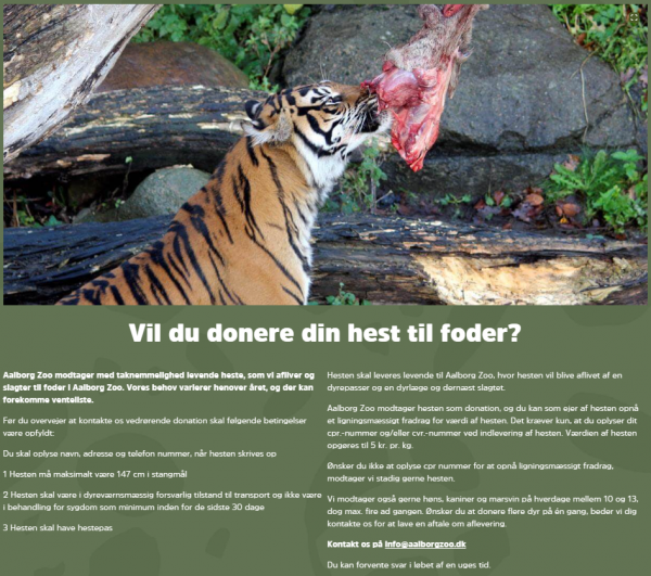 동물원의 공식 홈페이지. 중간에는 “당신의 말을 사료로 기부하시겠습니까?”라고 적혀있다. 이들은 기부받은 말을 안락사 시켜 포식 동물의 먹이로 사용하는 것으로 알려졌다. 출처=올보르동물원 공식 홈페이지 캡처