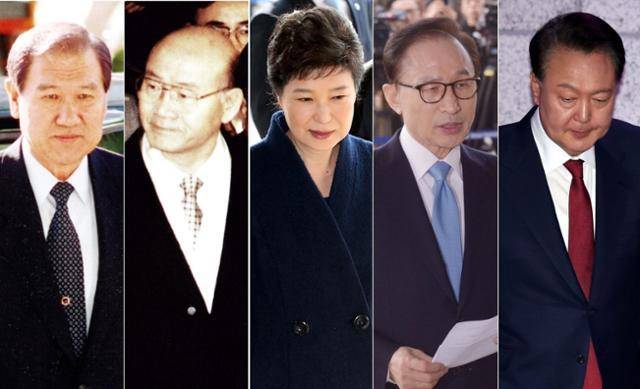 역대 여러 대통령은 비자금 조성, 뇌물 수수 등의 사유로 구속을 피하지 못했다. 사진 왼쪽부터 1995년 11월 1일 서울중앙지검에 소환되는 노태우 전 대통령, 1995년 12월 3일 경남 합천군에서 압송되는 전두환 전 대통령, 2017년 3월 21일 서울중앙지검에 소환되는 박근혜 전 대통령, 2018년 3월 14일 서울중앙지검에 소환되는 이명박 전 대통령, 23일 서울 종로구 헌법재판소에서 열린 탄핵심판 4차 변론기일에 출석하기 위해 심판정으로 들어가는 윤석열 전 대통령. 한국일보 자료사진, 연합뉴스