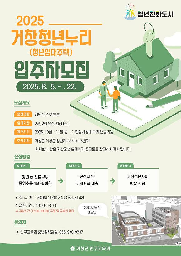 오는 10월 완공 예정인 경남 거창군 청년임대주택 ‘거창 청년 누리’ 입주자 모집 포스터. [사진=경상남도 거창군]