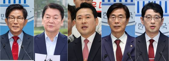 국민의힘은 8·22 전당대회 당 대표 후보 등록 마감 결과 김문수 전 고용노동부 장관, 안철수 의원, 장동혁 의원, 조경태 의원, 주진우 의원(왼쪽부터,가나다순) 등 총 5명이 신청했다고 31일 밝혔다.   사진은 당 대표 출마 선언 기자회견을 하는 5인의 당권 주자들. 연합뉴스