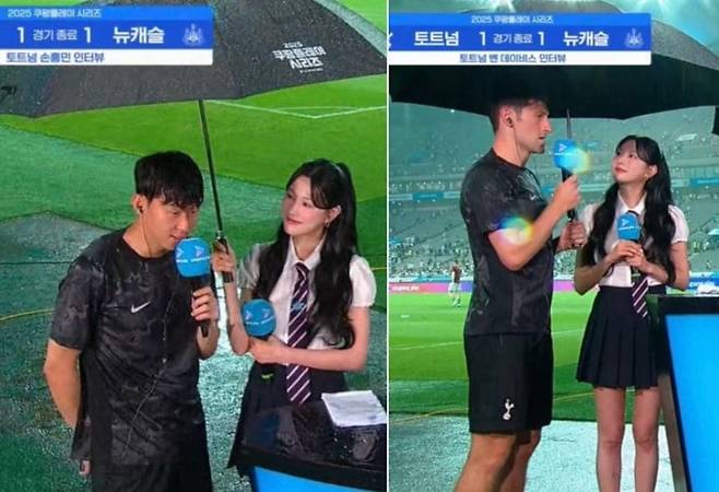 지난 3일 서울월드컵경기장에서 열린 토트넘 홋스퍼와 뉴캐슬 유나이티드 FC의 경기를 마치고 인터뷰하는 손흥민(왼쪽 사진)과 벤 데이비스./ 사진=쿠팡플레이