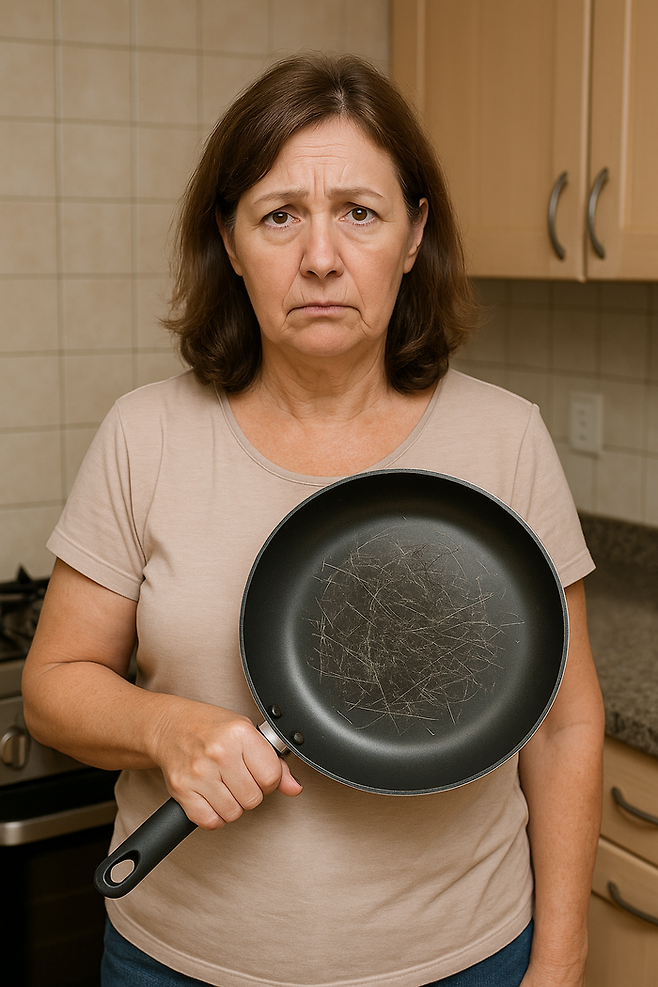 챗GPT에게 ‘긁혀서 사용하면 안되는 프라이팬’을 그려달라고해서 생성한 이미지. [챗GPT]