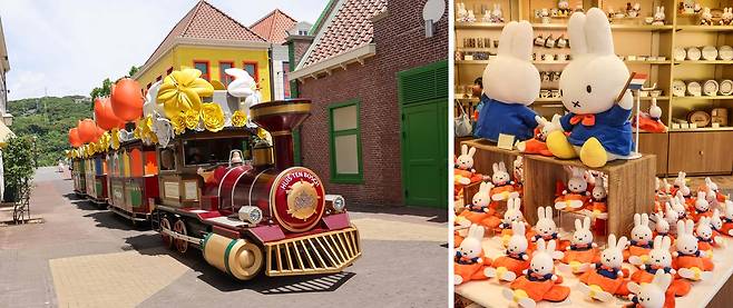 퍼레이드 열차(왼쪽)와 굿즈 숍 [사진/백승렬 기자]