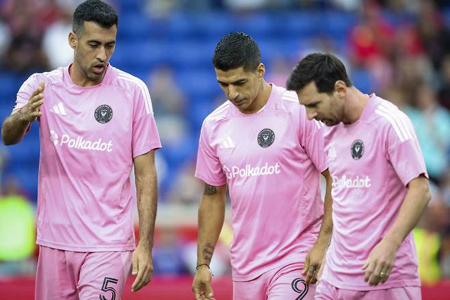 (왼쪽부터)세르히오 부스케츠, 루이스 수아레스, 리오넬 메시(이상 인터 마이애미). 사진=AFPBB NEWS