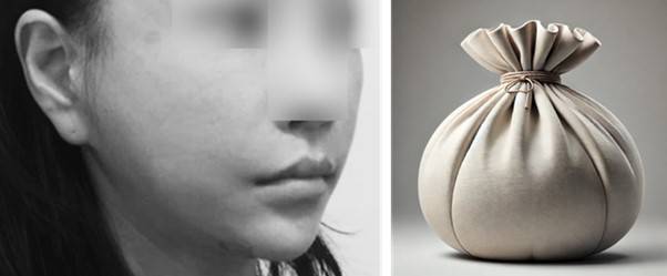 얼굴의 바깥쪽은 당겨 올라가지만, 중안부는 여전히 처져 있는, 일명 '복주머니형 얼굴'.