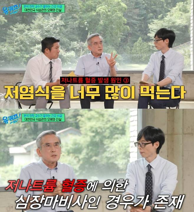 이계호 충남대 화학과 명예교수는 "저염식으로 인해 저나트륨 혈증에 의한 심장마비사가 발생할 수 있다"고 했다. /tvN '유 퀴즈 온 더 블럭'