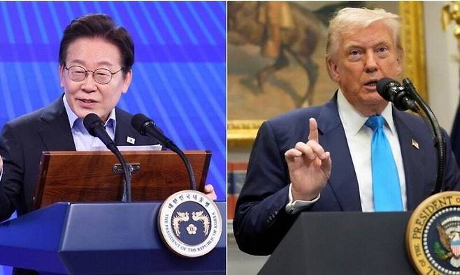 이재명 대통령이 지난달 31일 서울 종로구 정부서울청사 별관에서 열린 고위공직자 특강에서 발언하고 있다.(왼쪽) 트럼프 대통령이 지난달 30일(현지시각) 미국 워싱턴 백악관 루스벨트룸에서 연설하고 있다. 대통령실사진기자단, 워싱턴/AP 연합뉴스