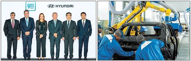 정의선 현대차그룹 회장과 메리 바라 미국 제너럴모터스(GM) 회장 겸 최고경영자(CEO)가 지난해 9월 열린 업무협약식에서 기념 촬영을 하고 있는 모습(왼쪽)과 미국 조지아주 ‘현대차그룹 메타플랜트 아메리카(HMGMA)’ 생산 현장  [현대차 제공]