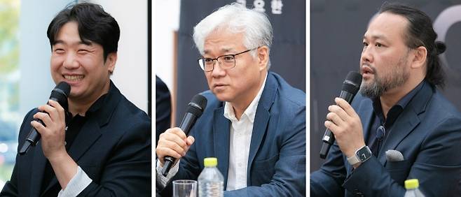 베이스 연광철(가운데), 베이스바리톤 사무엘 윤(오른쪽), 바리톤 김기훈(왼쪽)이 5일 서울 종로구 한미뮤지엄 삼청에서 열린 기자간담회에서 ‘싱 로우 앤 소프트’ 공연에 대해 설명하고 있다. 아트앤아티스트 제공