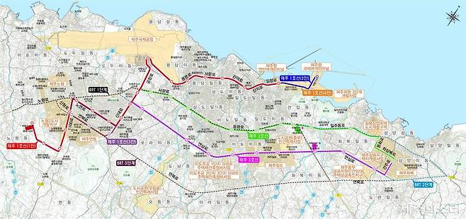제주도가 계획중인 수소트램 1~3호선 노선도. 2~3호선은 BRT 구간과 겹치는데, 제주도는 수요가 있으면 BRT를 수소트램으로 대체하는 계획을 세우고 있다. 또 2~3호선 자체가 도입되지 않을 가능성도 높다.&nbsp;