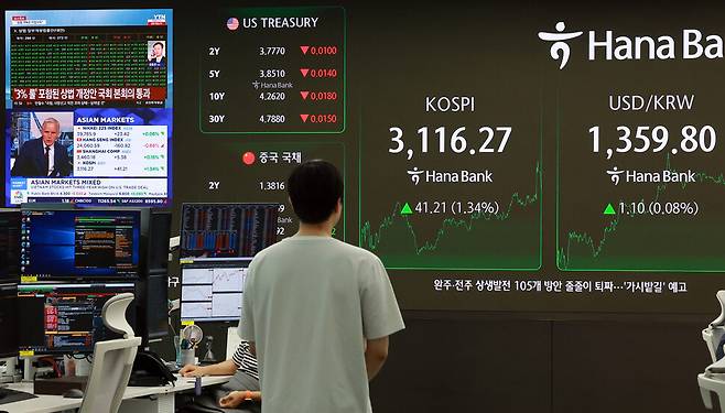 2025년 7월3일 국회 본회의에서 상법 개정안이 통과되는 순간, 서울 중구 하나은행 본점 딜링룸에서 딜러가 코스피 등 금융지표가 표시된 전광판을 보고 있다. 연합뉴스