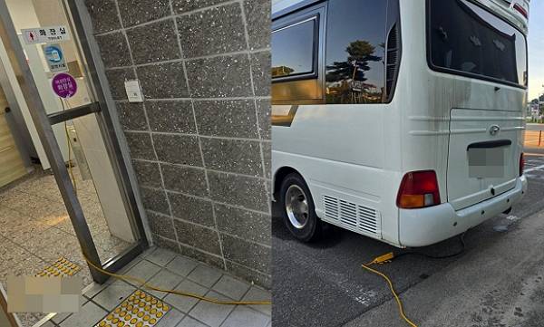 공중화장실 공용 전기를 끌어다 쓴 얌체 캠핑족을 향한 일침이 쏟아졌다. 사진은 한 캠핑카 주인이 강원 속초 대포항 공중화장실 전기를 끌어다 쓰는 모습. /사진=온라인커뮤니티 캡처